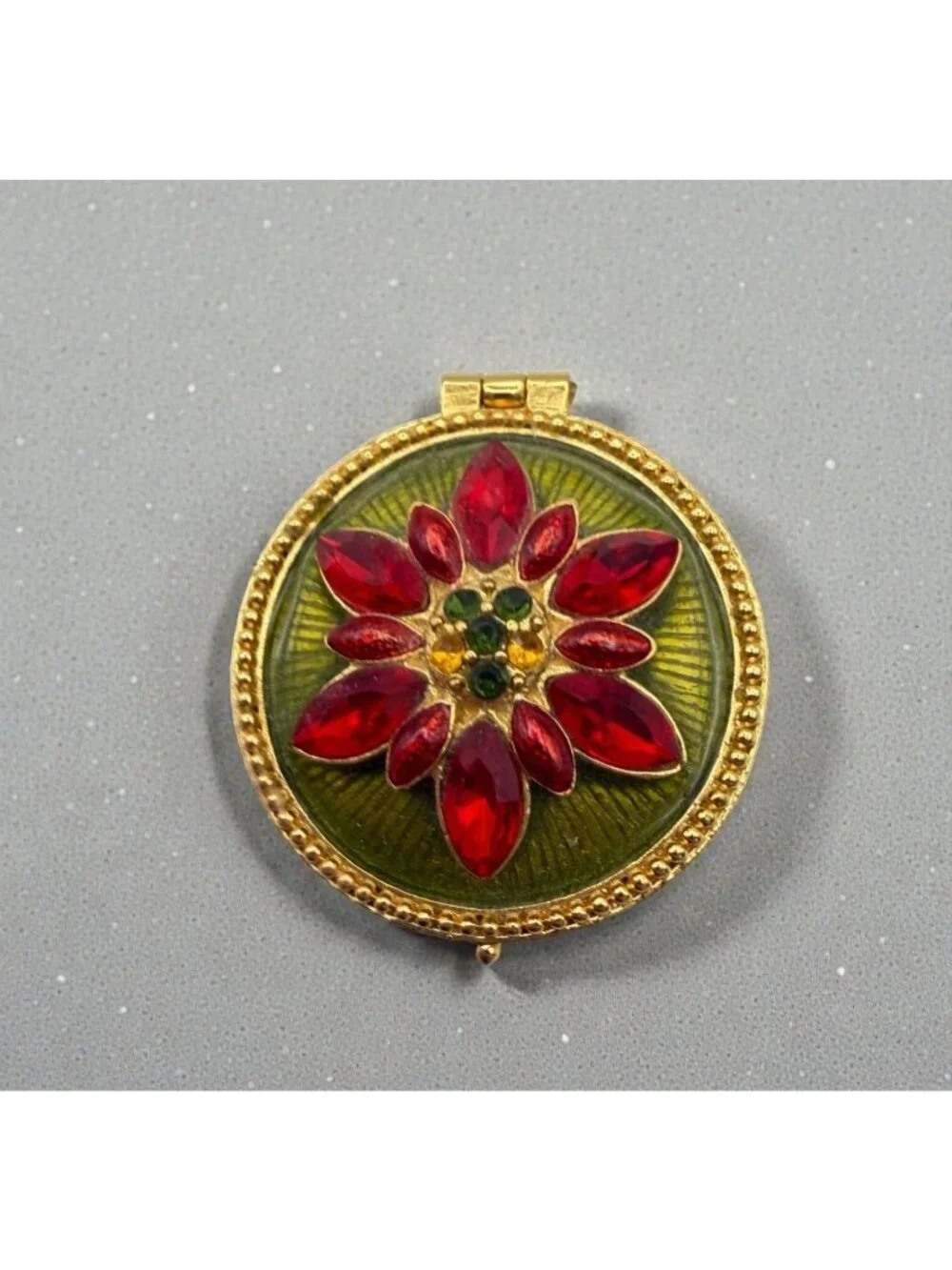 Christopher Radko Enamel Trinket Pill Box Red Poinsettia Flower Gold Tone Round